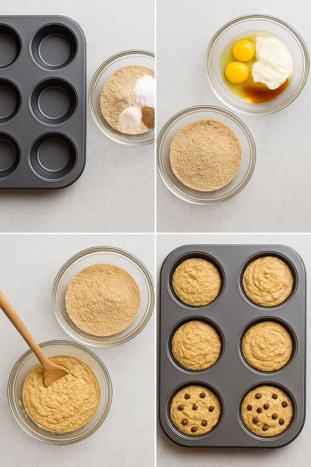 high-protein-sourdough-muffins-step-by-step-prep Step-by-step collage showing the preparation of high protein sourdough muffins, including dry ingredients, wet ingredients, batter mixing, and muffin tin ready for baking.