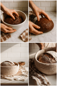 Step-by-step process of making Double Chocolate Sourdough: mixing cocoa dough, shaping the loaf by hand, and placing it in a banneton basket on a marble countertop with checkered linen.