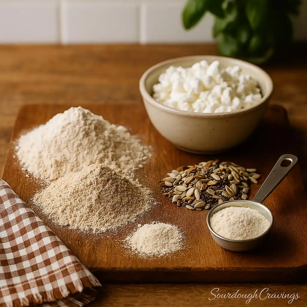 ingredients-high-protein-sourdough-bread-rustic-style Ingredients for High Protein Sourdough Bread, including whole wheat and bread flours, cottage cheese, seeds, and protein powder on a rustic board.