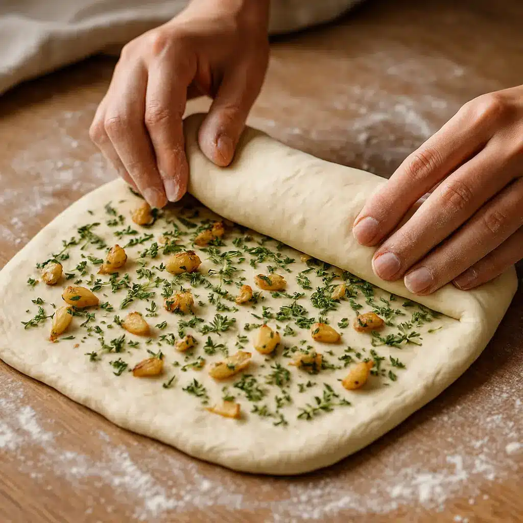 laminating-garlic-herb-sourdough Folding garlic and herbs into sourdough during lamination