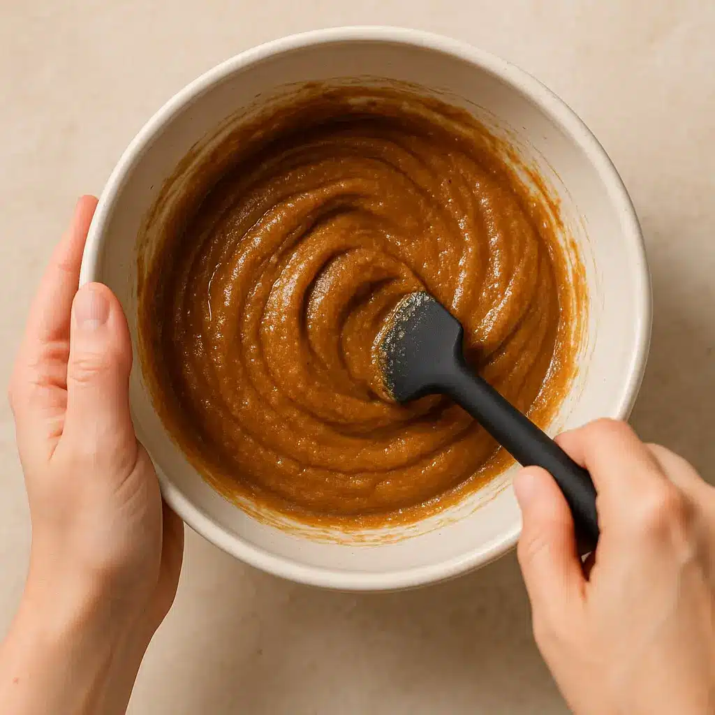 mixing-sourdough-protein-bar-batter Hands mixing batter for sourdough protein bars in a bowl