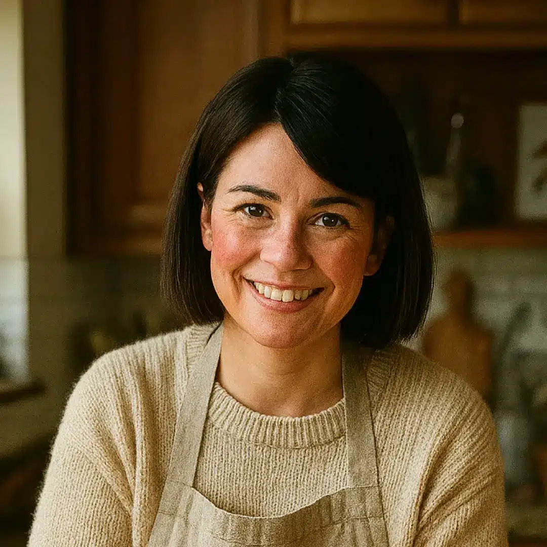 olivia-sourdough-creator Olivia smiling in her kitchen, wearing an apron – sourdough baker portrait
