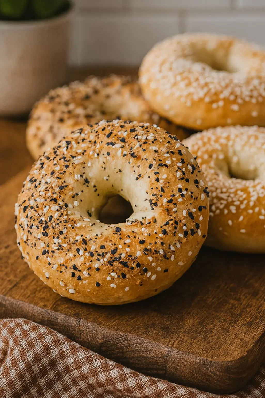 protein-sourdough-bagels-healthy-recipe-sourdoughcraving Close-up of high-protein sourdough bagels topped with sesame and poppy seeds on a rustic wooden board