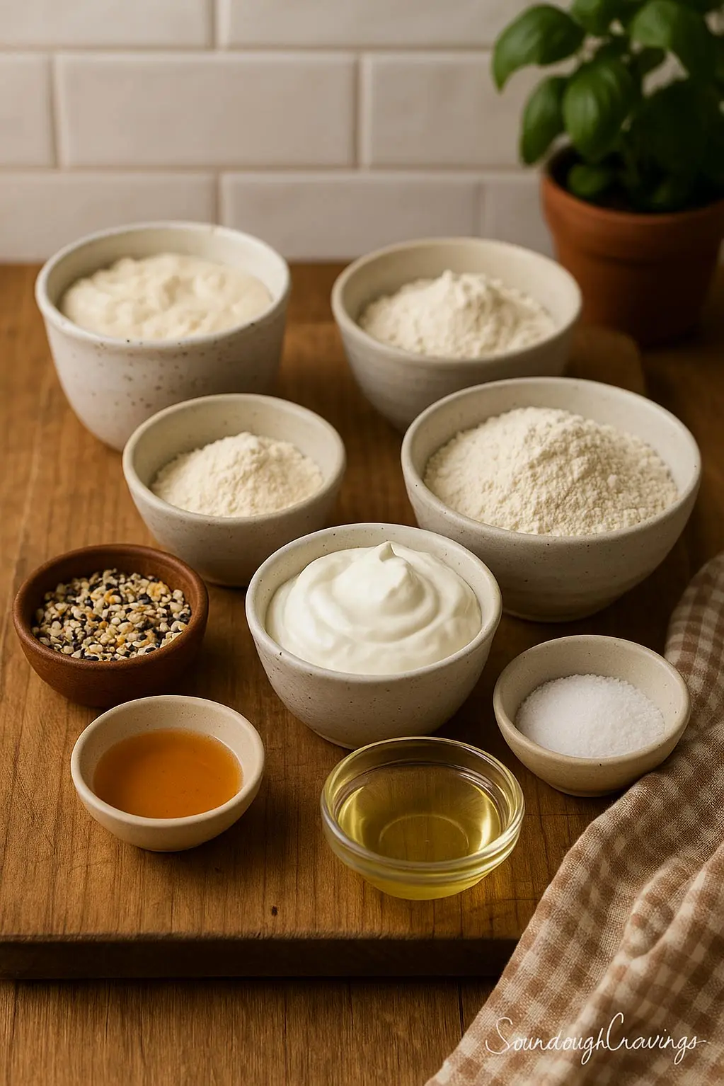 protein-sourdough-bagels-ingredients-healthy-baking-sourdoughcravings Ingredients for protein sourdough bagels including Greek yogurt, sourdough starter, flours, egg whites, protein powder, and toppings on a wooden board