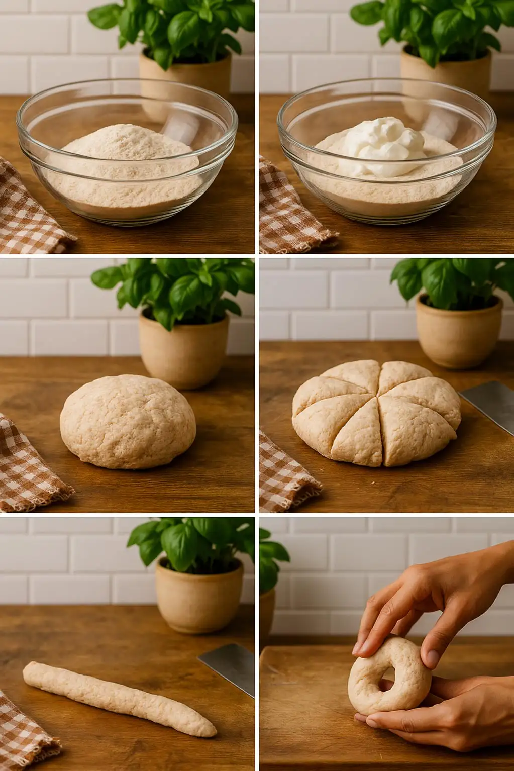 protein-sourdough-bagels-step-by-step-guide-sourdoughcravings Step-by-step photos showing how to mix, knead, divide, and shape protein sourdough bagel dough on a wooden surface with basil plant and gingham cloth