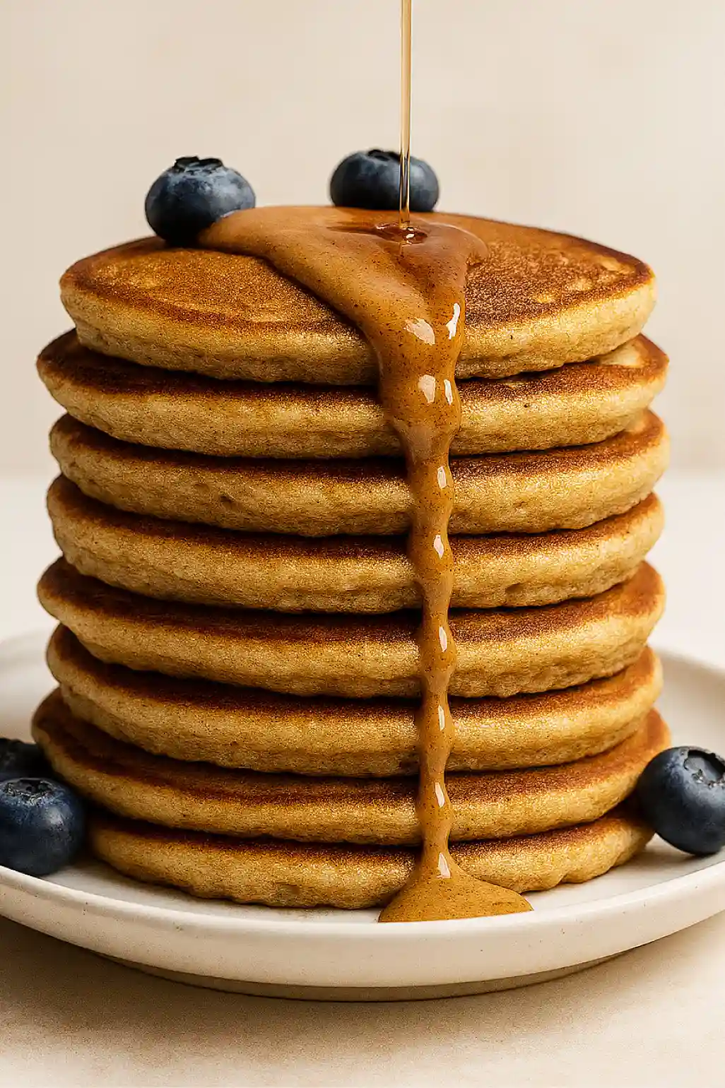 protein-sourdough-pancakes-fluffy-stack-almond-butter Fluffy protein sourdough pancakes stacked with almond butter drizzle and blueberries on a white plate