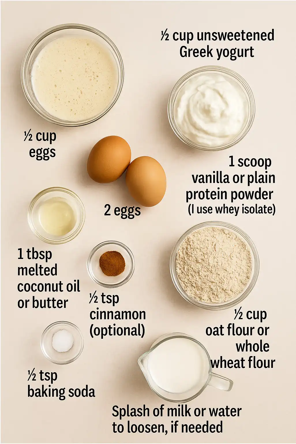 protein-sourdough-pancakes-ingredients-labeled Labeled flat lay of ingredients for Protein Sourdough Pancakes including sourdough discard, Greek yogurt, protein powder, eggs, oat flour, coconut oil, cinnamon, baking soda, and milk