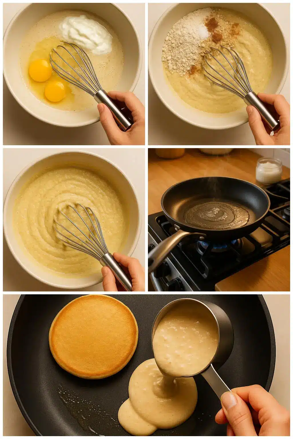protein-sourdough-pancakes-step-by-step-recipe Step-by-step process of making protein sourdough pancakes: whisking ingredients, mixing batter, heating pan, and pouring pancake batter onto skillet