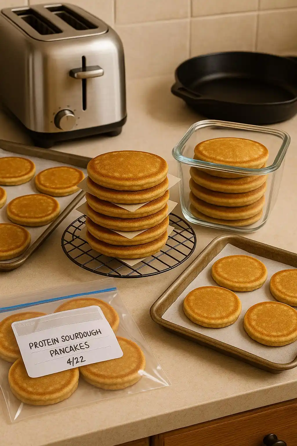 protein-sourdough-pancakes-storage-method Protein sourdough pancakes cooling and stored in glass container, freezer bag, and baking tray