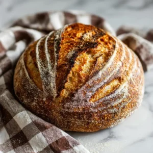 rustic-sourdough-boule-category Crusty rustic sourdough boule on marble with deep scoring and gingham cloth