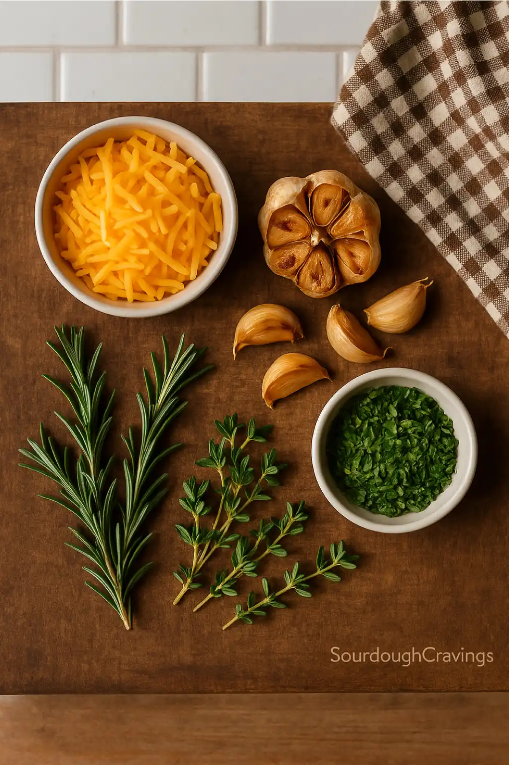 savory-sourdough-inclusions-cheese-garlic-herbs Cheddar, roasted garlic, and fresh herbs for savory sourdough