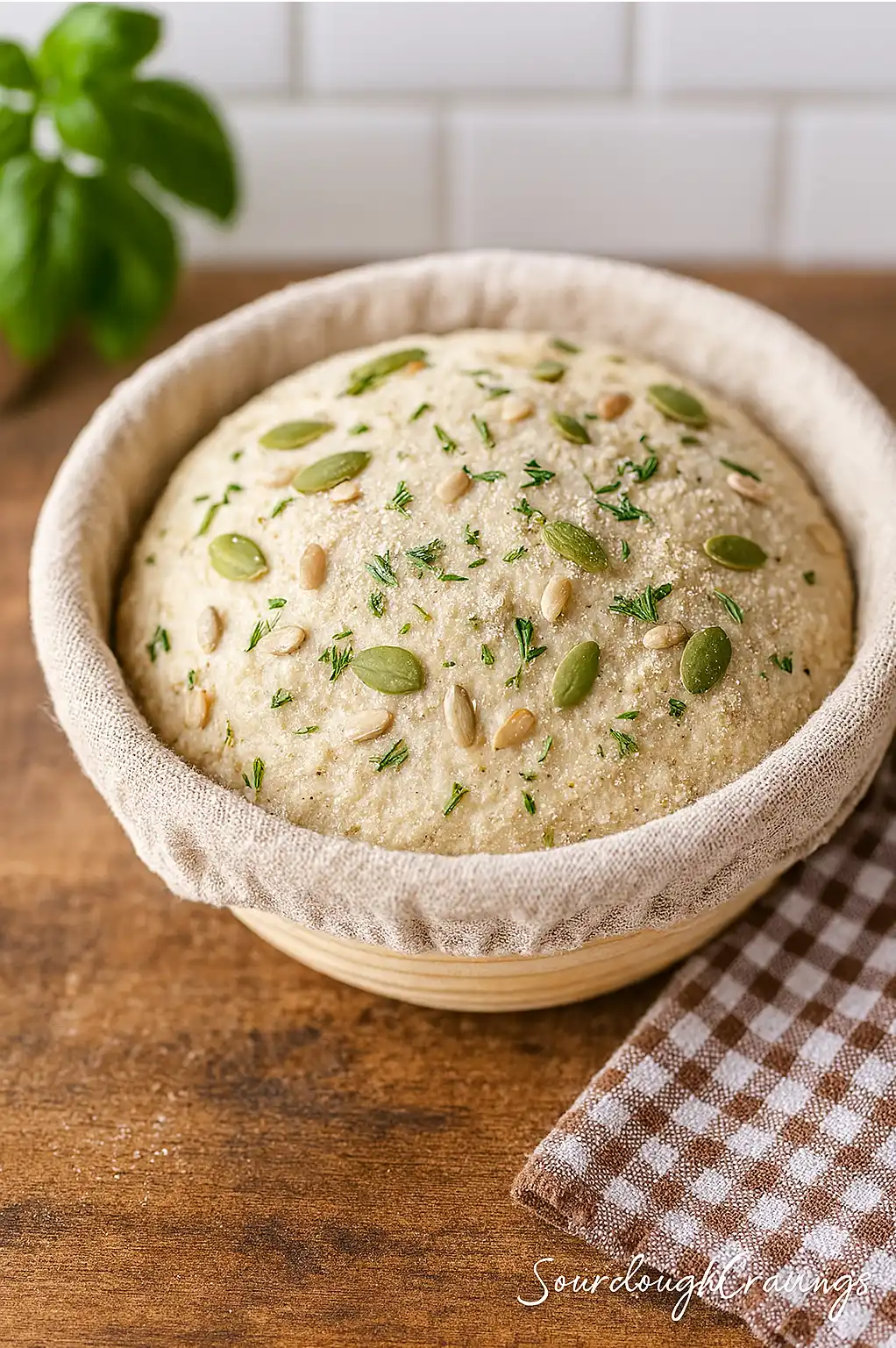 sourdough-dough-in-banneton-seeds-herbs Best sourdough inclusions with seeds and herbs in a banneton