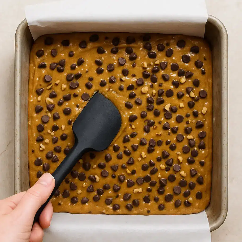 sourdough-protein-bar-batter-in-pan Sourdough protein bar batter spread in baking pan with chocolate chips and walnuts