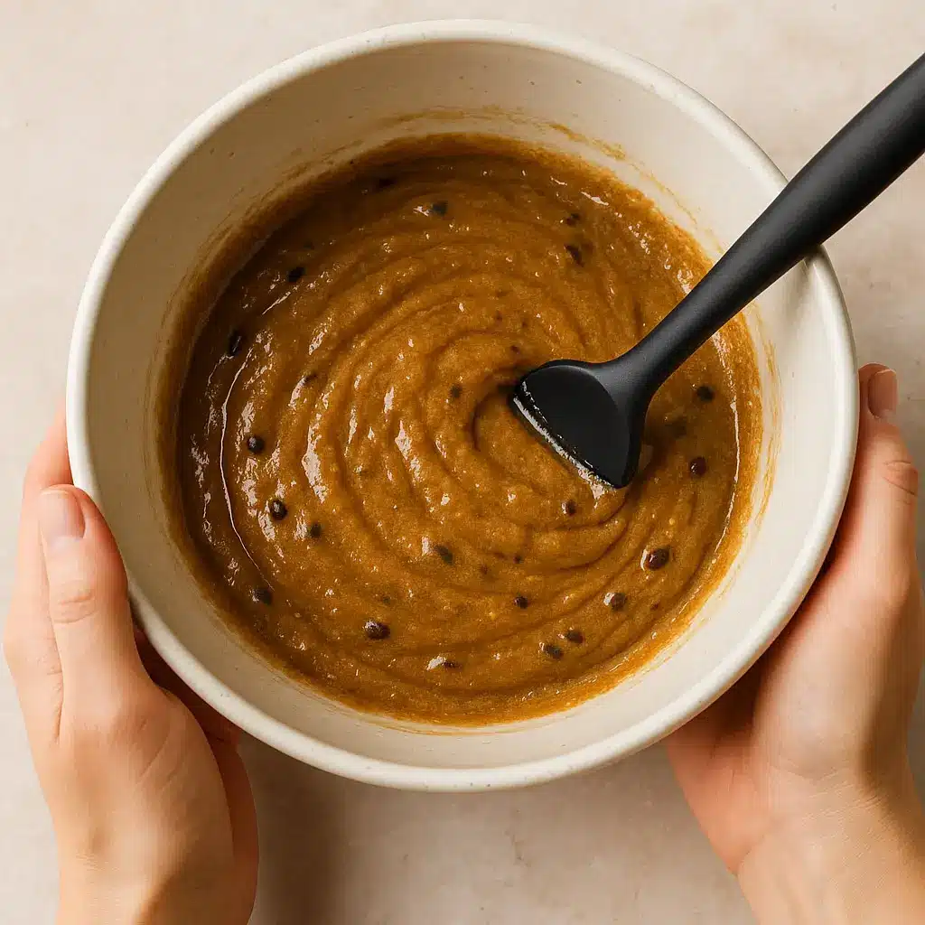 sourdough-protein-bar-batter-with-chocolate Thick sourdough protein bar batter with chocolate chips being mixed in a white bowl