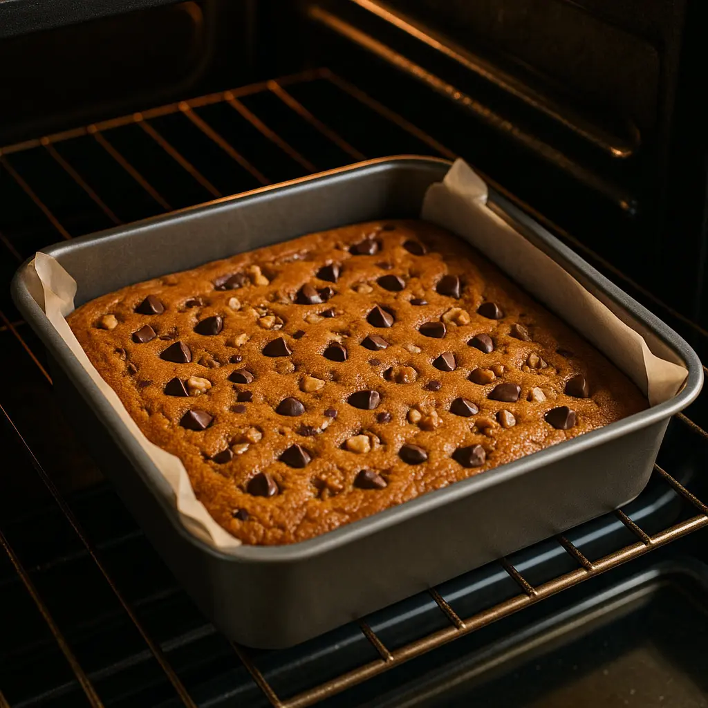 sourdough-protein-bars-in-oven Baked sourdough protein bars in the oven with chocolate chips and walnuts