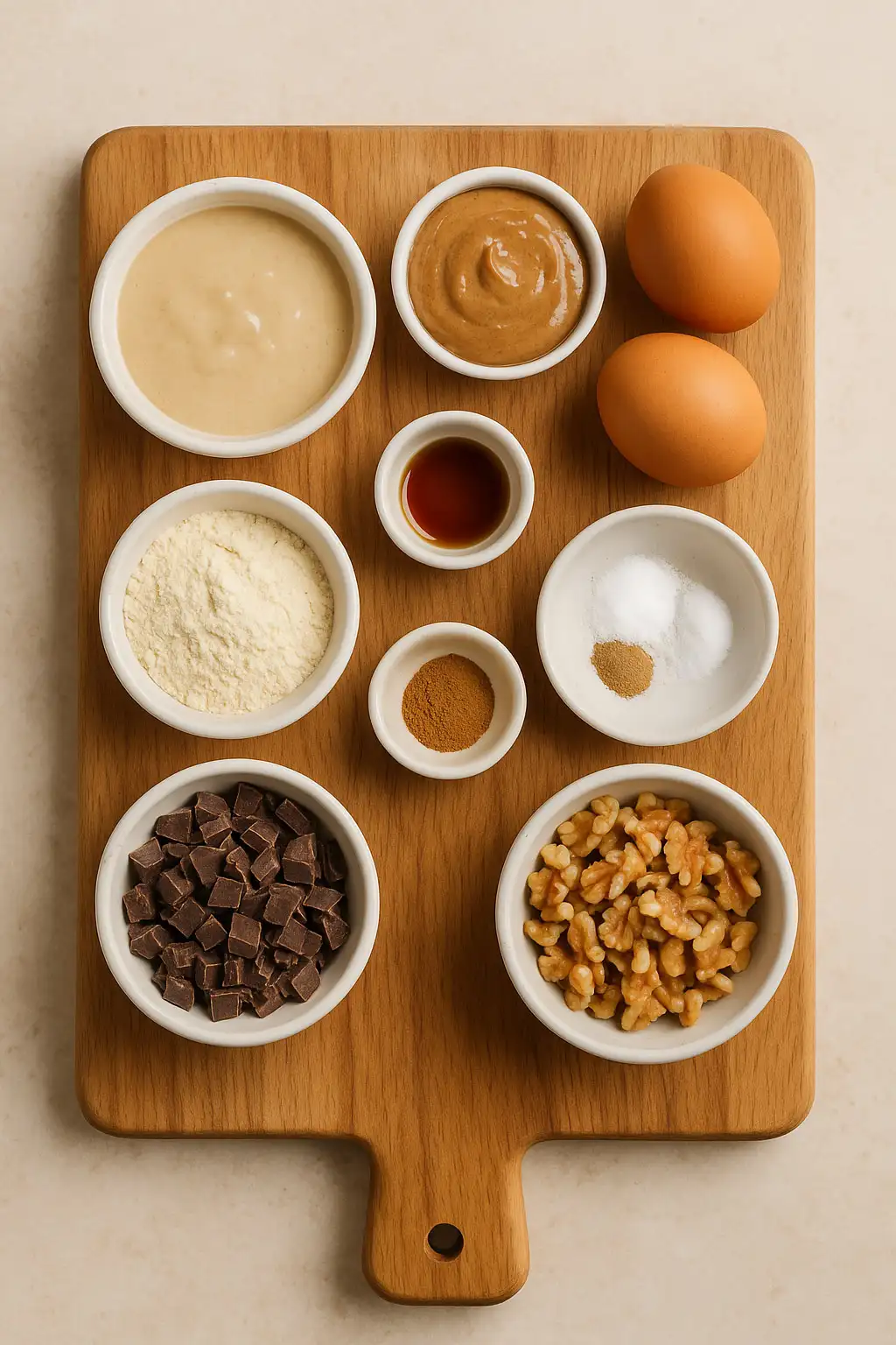 sourdough-protein-bars-ingredients Overhead view of ingredients for sourdough protein bars on wooden board