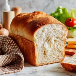 sourdough-sandwich-loaf-category Sliced sourdough sandwich loaf on marble with gingham napkin and sandwich ingredients