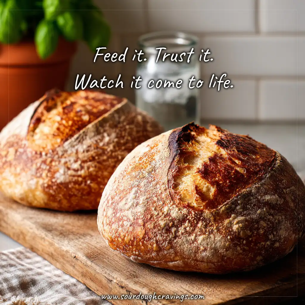 Freshly baked sourdough boules on a rustic wooden board—proof of what a sourdough starter can achieve