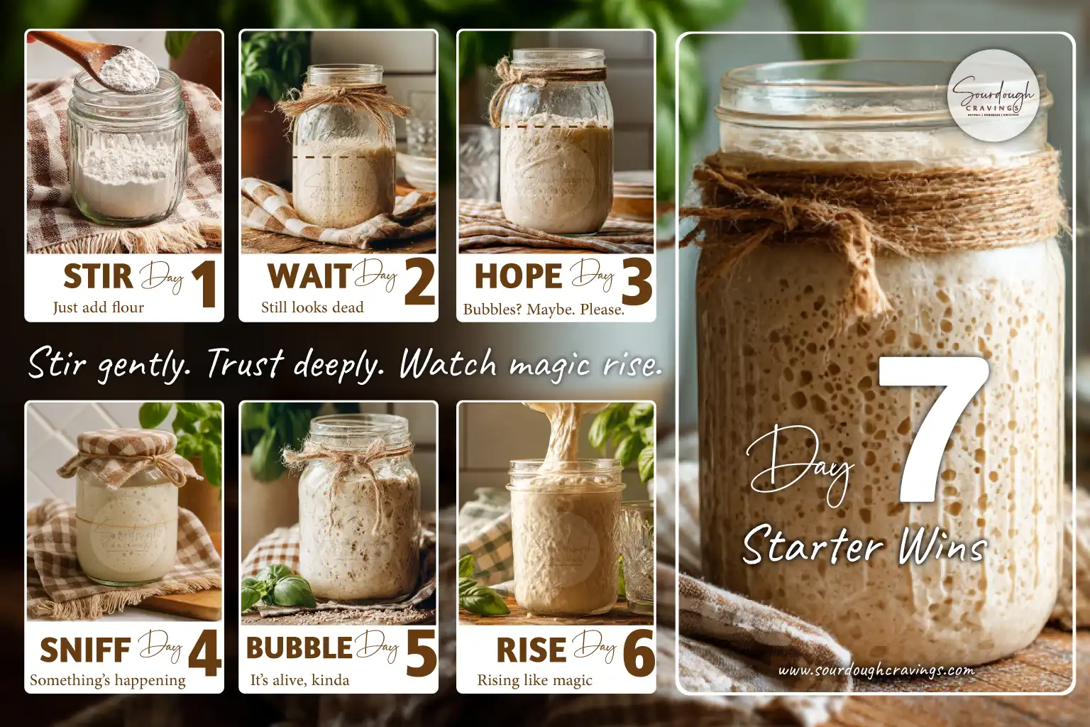 Step-by-step sourdough starter evolution from Day 1 to Day 7 in glass jars with rustic kitchen background.