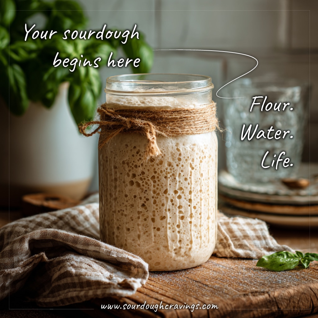 A glass jar of active sourdough starter overflowing with bubbles on a rustic surface.