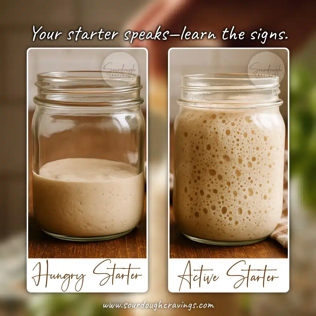 Two jars: one deflated sourdough starter labeled “Hungry,” one bubbly and risen labeled “Active.”