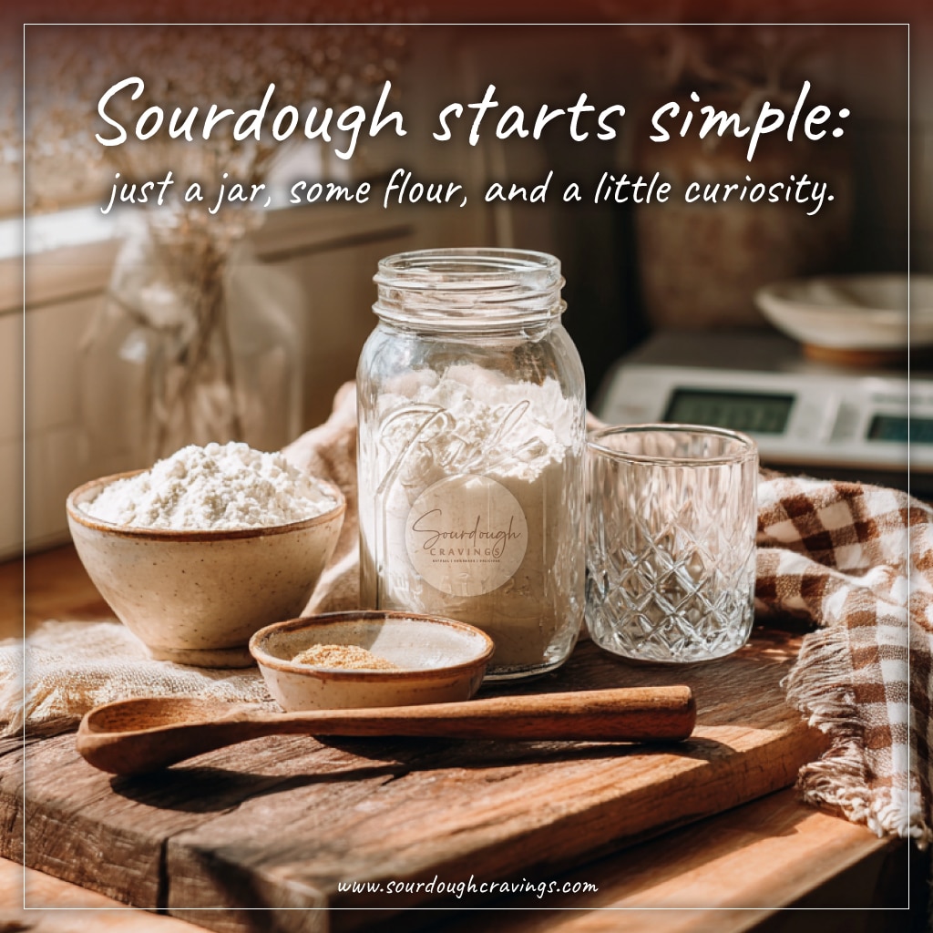 Basic sourdough starter ingredients on a rustic wooden surface: flour, water, empty jar, spoon, rubber band.