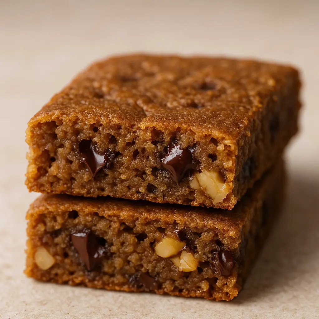 stacked-sourdough-protein-bars Stack of moist and chewy sourdough protein bars with chocolate chunks