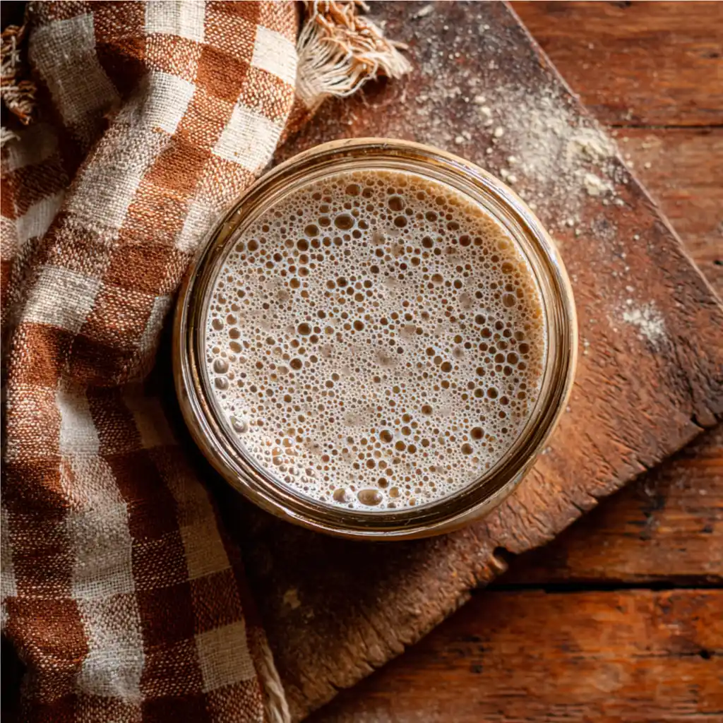 starter-from-scratch-overhead Overhead view of bubbly sourdough starter in a glass jar on rustic wood — how to make a sourdough starter from scratch (no fail, beginner guide)