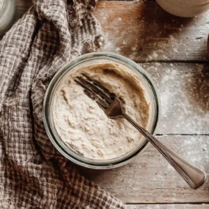 How to make a sourdough starter from scratch (no fail, beginner guide) — day one mixing whole grain flour and water in a glass jar