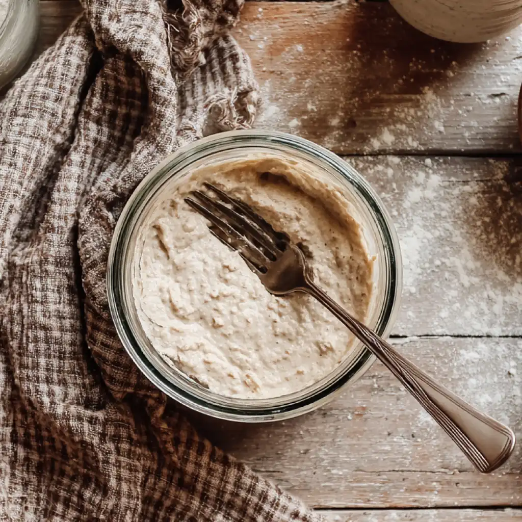 starter-from-scratch-step1 How to make a sourdough starter from scratch (no fail, beginner guide) — day one mixing whole grain flour and water in a glass jar