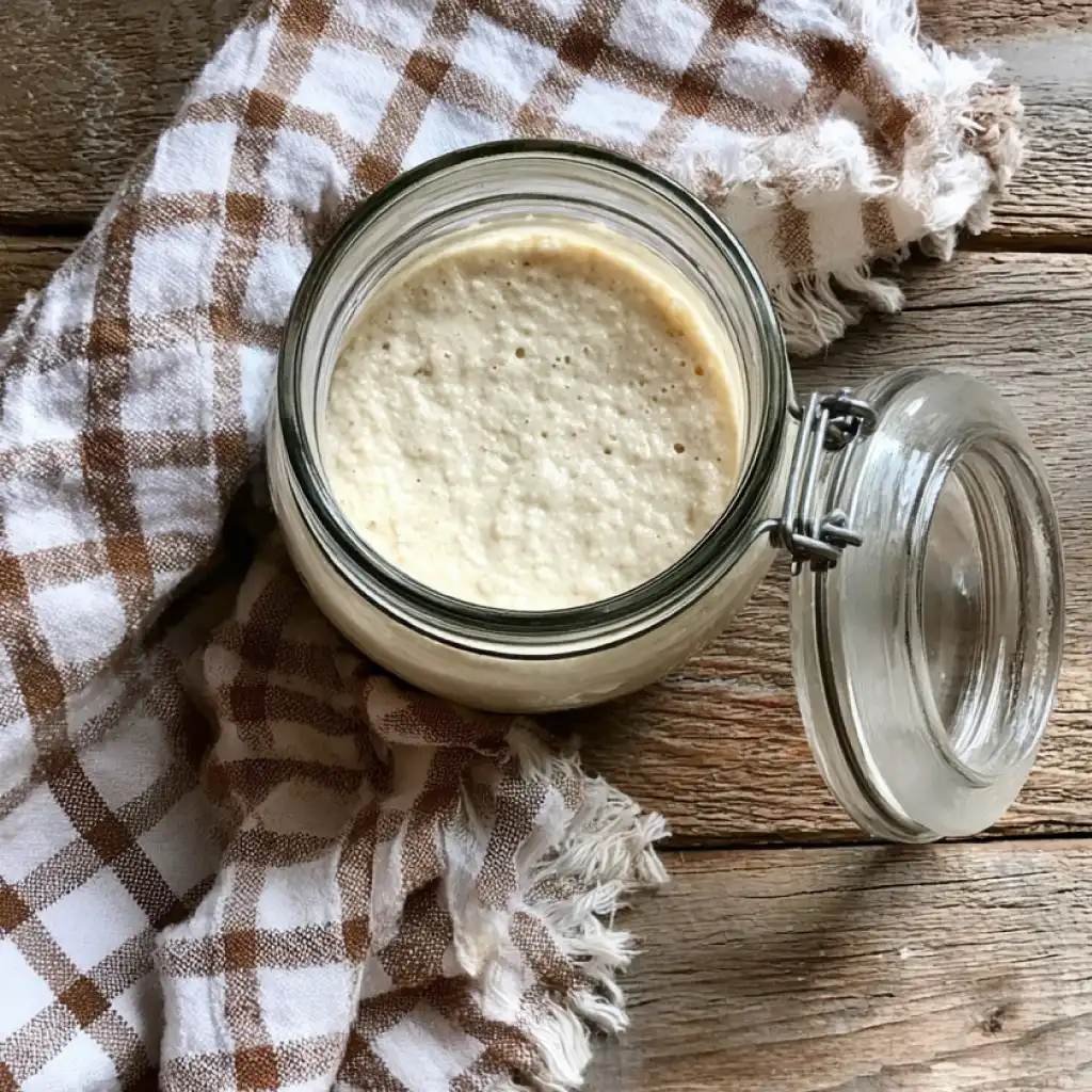 starter-from-scratch-step2 How to make a sourdough starter from scratch (no fail, beginner guide) — day two with visible bubbles on a rustic wood surface
