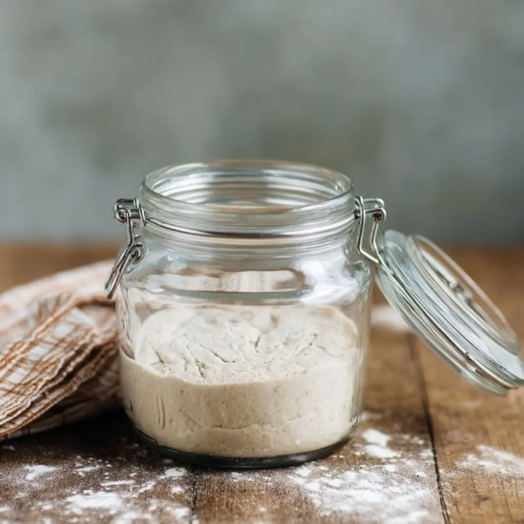 starter-from-scratch-step4 How to make a sourdough starter from scratch (no fail, beginner guide) — day four starter resting in glass jar on rustic surface