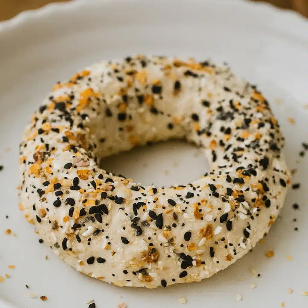 unbaked-protein-sourdough-bagel-everything-seasoning-sourdoughcravings Unbaked protein sourdough bagel coated with everything seasoning on a white scalloped plate with rustic wooden surface and basil in the background