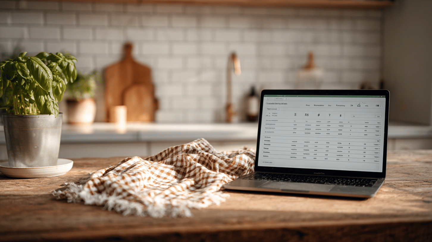 sourdough-calculator-hydration-scaling-tool.jpg Sourdough calculator in a rustic artisan kitchen scene with flour, water, starter jar, and measuring tools on a Moroccan white marble countertop, used to calculate hydration and scale recipes.