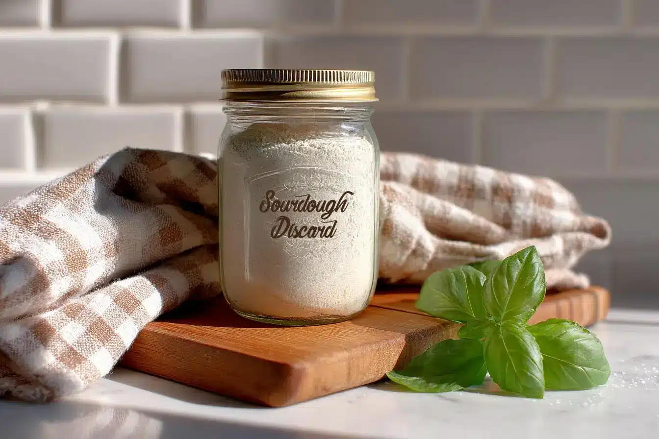 A labeled jar of sourdough discard on a wooden board with soft side light, white subway tile, and blurred basil—clean, calm scene explaining “Eat Raw Sourdough Discard” safety.