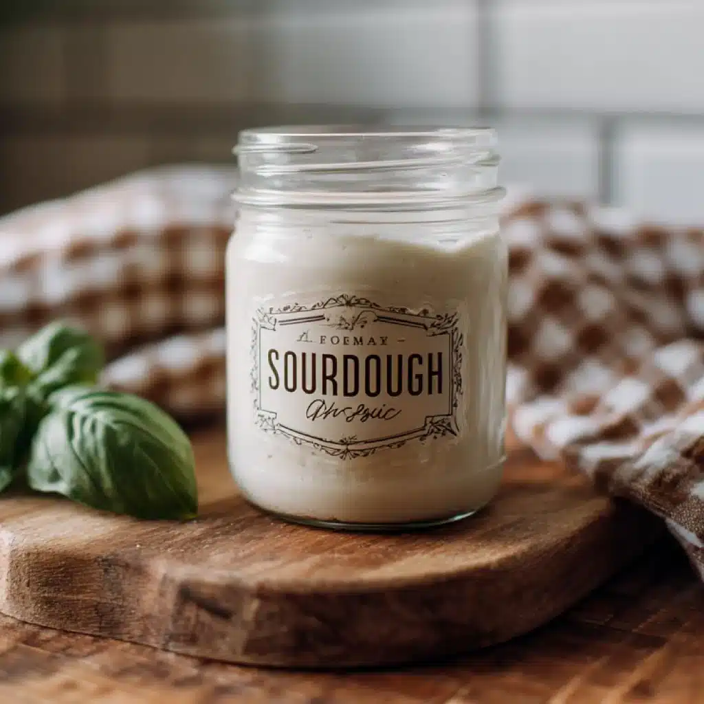A glass jar filled with bubbly sourdough starter labeled “Sourdough Classic,” sitting on a rustic wooden board with fresh basil and a checkered cloth in warm natural light.