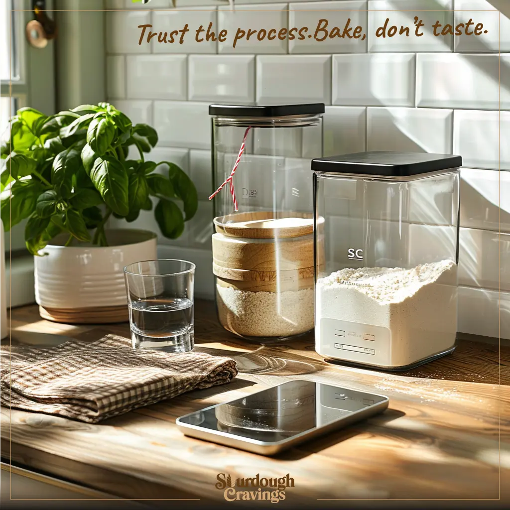 Flat lay of flour, water, labeled discard jar, scale, and labels on a wooden surface with soft light, showing the safe setup for “Eat Raw Sourdough Discard” guidance.