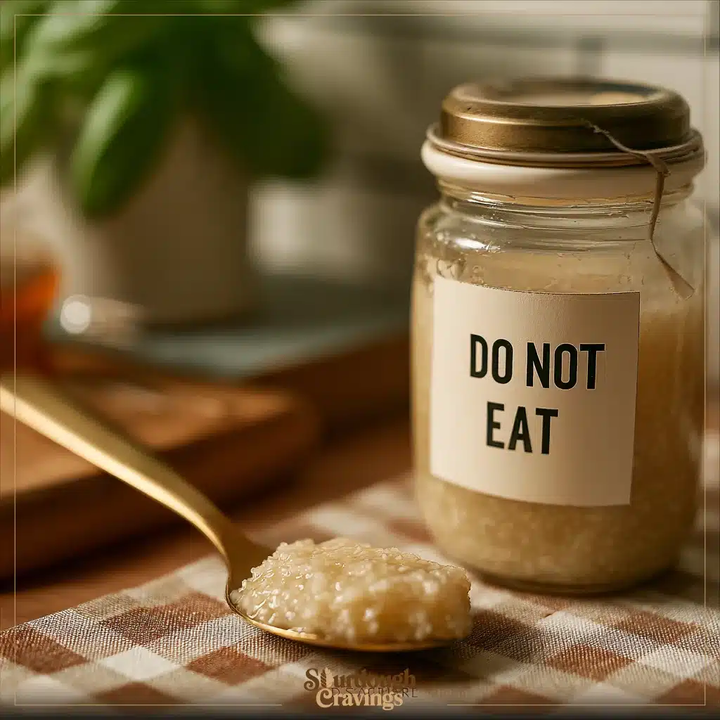 Close view of raw sourdough discard beside a caution card and jar, softly lit with white tile background—illustrating “Eat Raw Sourdough Discard” safety concerns.
