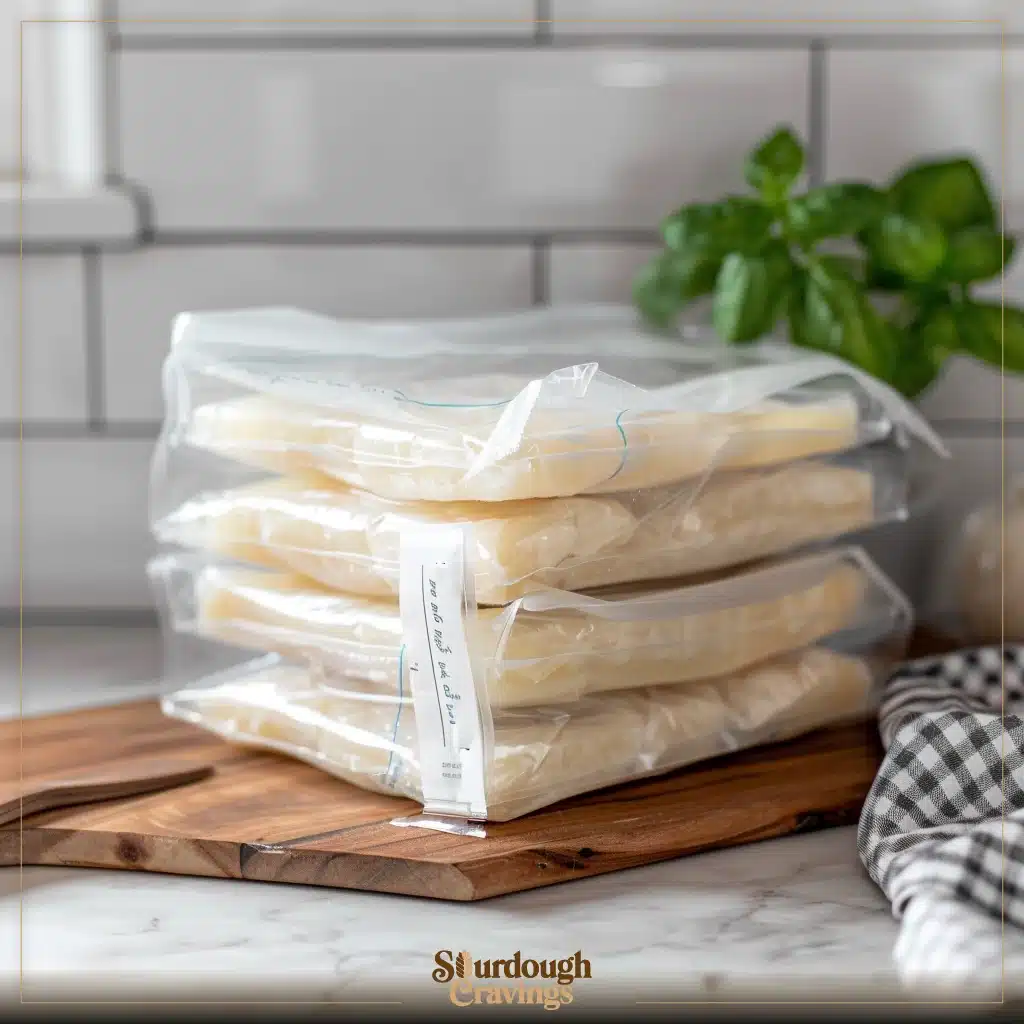 freeze-sourdough-discard-freeze-flat-stack26 Thin, flat labeled bag to Freeze Sourdough Discard standing upright in a neat freezer bin on wood with soft, warm light.