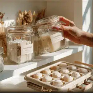 Labeled glass jar to Freeze Sourdough Discard with headspace on a wooden board, warm side light, white subway tile and blurred basil.