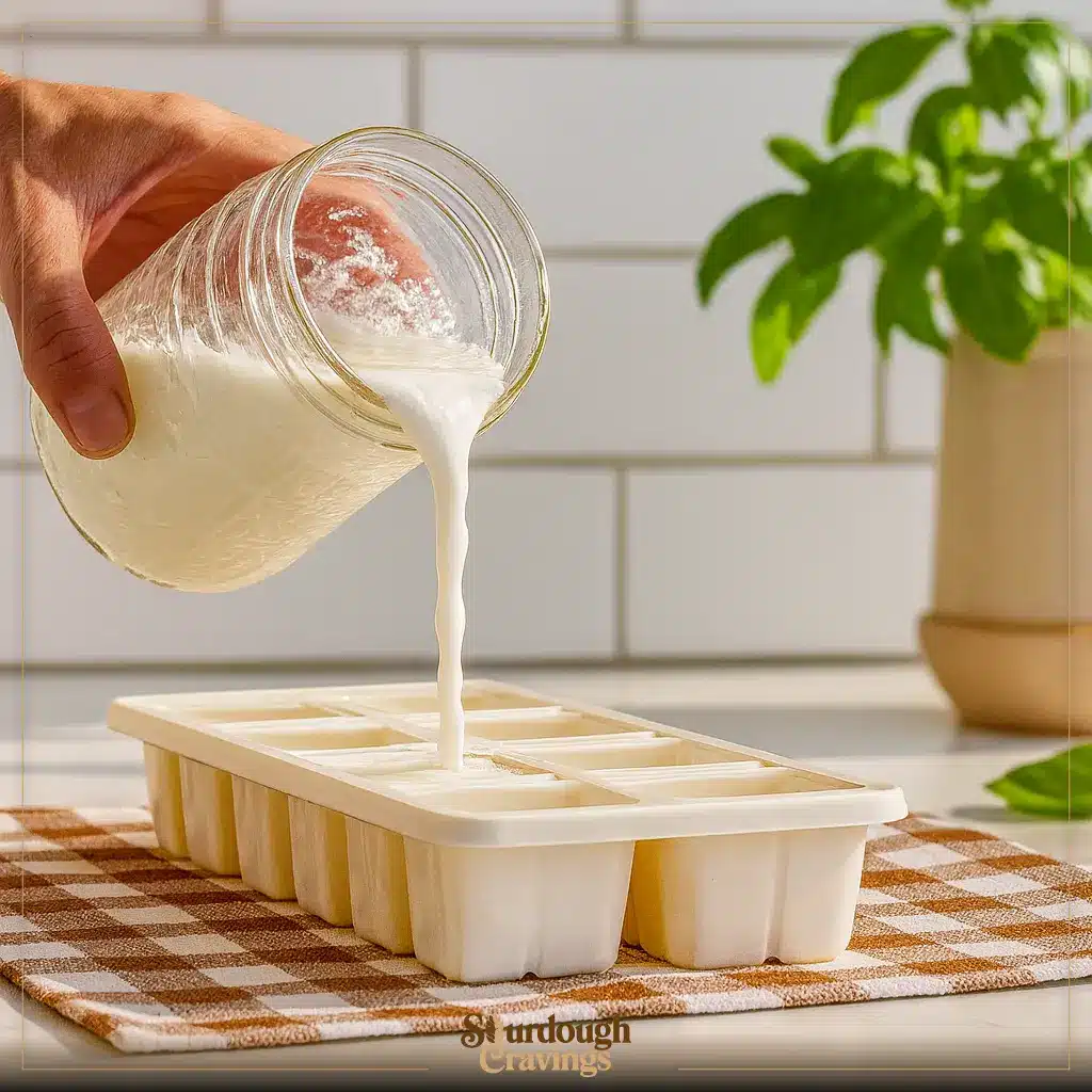 freeze-sourdough-discard-portion-silicone-tray26 Silicone tray filled in neat portions to Freeze Sourdough Discard on a wooden board with warm light and blurred white tile.
