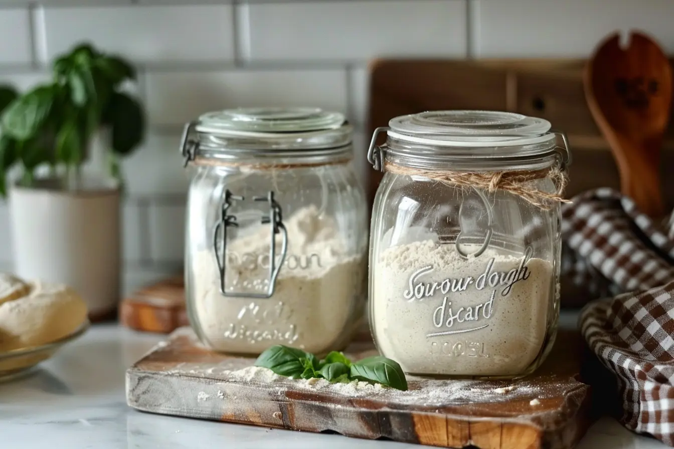 how-much-sourdough-discard-to-keep-hero-jar-rise-2026 How Much Sourdough Discard to Keep shown with a labeled discard jar and a smaller starter jar with rubber band rise line on a wooden board, white tile, basil blurred.