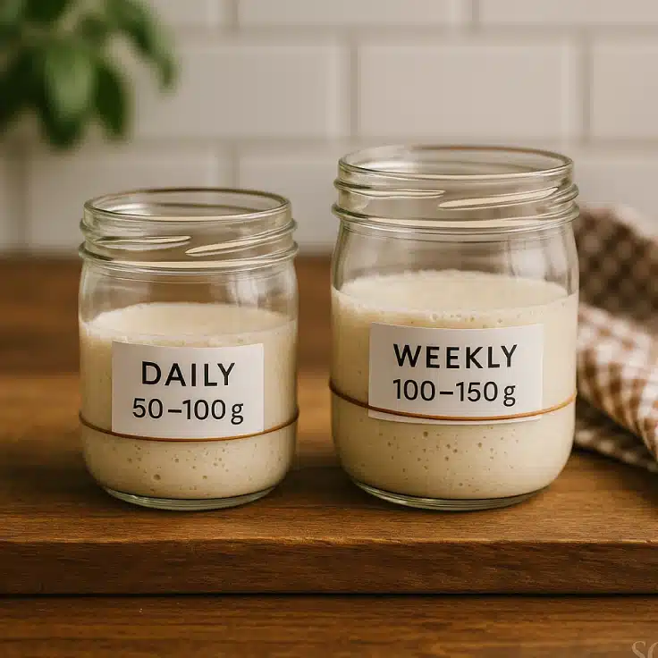 how-much-sourdough-discard-to-keep-process-daily-vs-weekly How Much Sourdough Discard to Keep side-by-side jars showing daily 50–100 g and weekly 100–150 g amounts with rubber band rise markers on a wooden board.