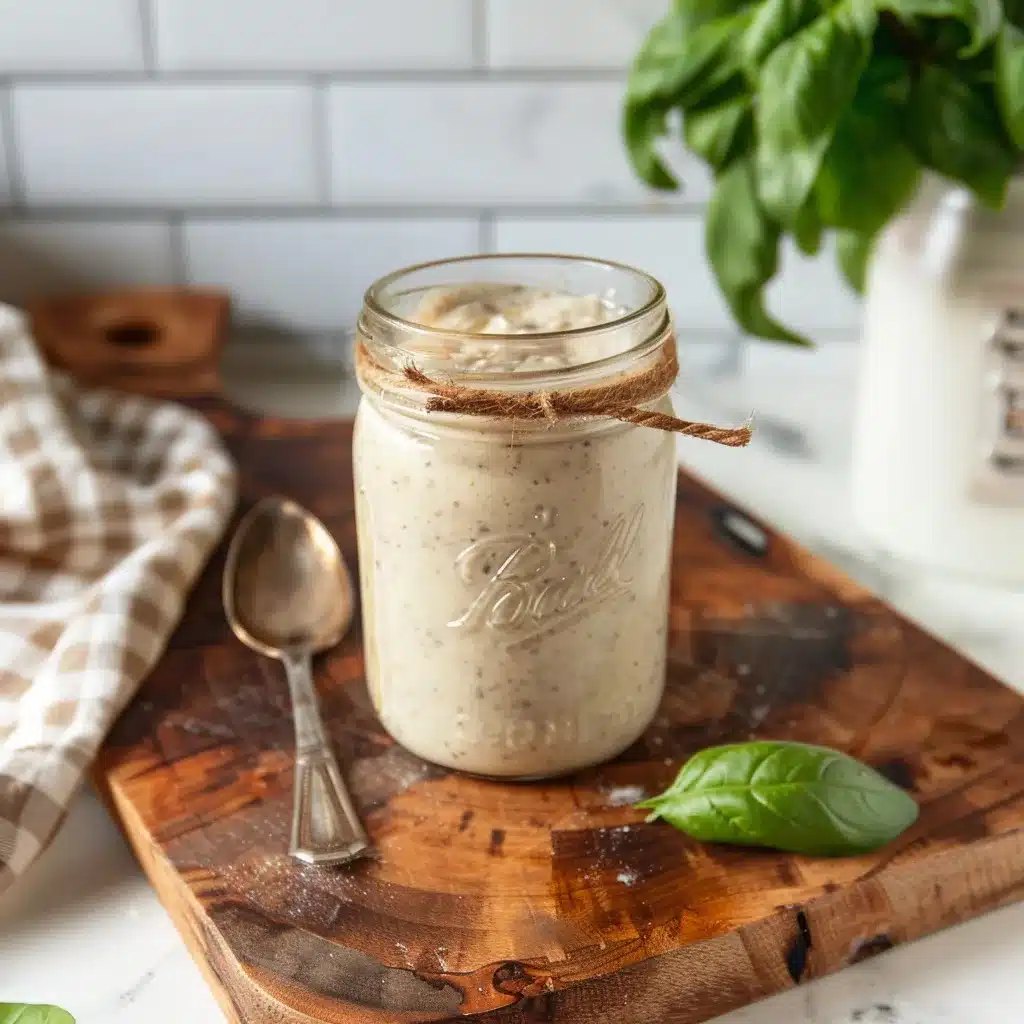 how-much-sourdough-discard-to-keep-process-discard-spoonful 2025 Small glass jar of bubbly sourdough starter on a wooden board, reduced to about one tablespoon, with a rubber band showing the previous level and a spoon resting beside it, soft natural side light, white subway tile background, and a blurred basil plant.