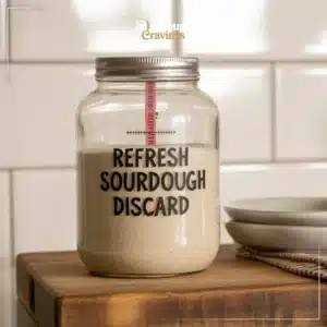 A glass jar labeled “Refresh Sourdough Discard” sits on a wooden board in a bright kitchen, showing an active sourdough mixture ready to be refreshed and reused.