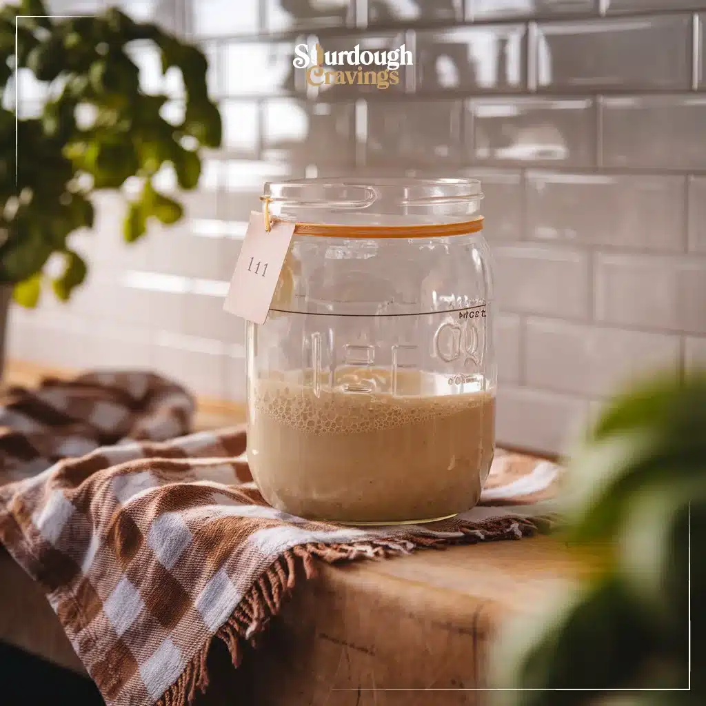 Mixing refresh sourdough discard at a 1:1:1 ratio in a wide-mouth jar with label and rubber band, warm side light, clean tile backdrop.