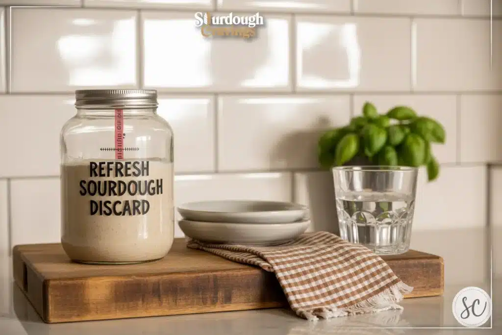 Refresh Sourdough Discard on a vintage wooden board with white subway tile and blurred basil, warm side light, shallow depth.