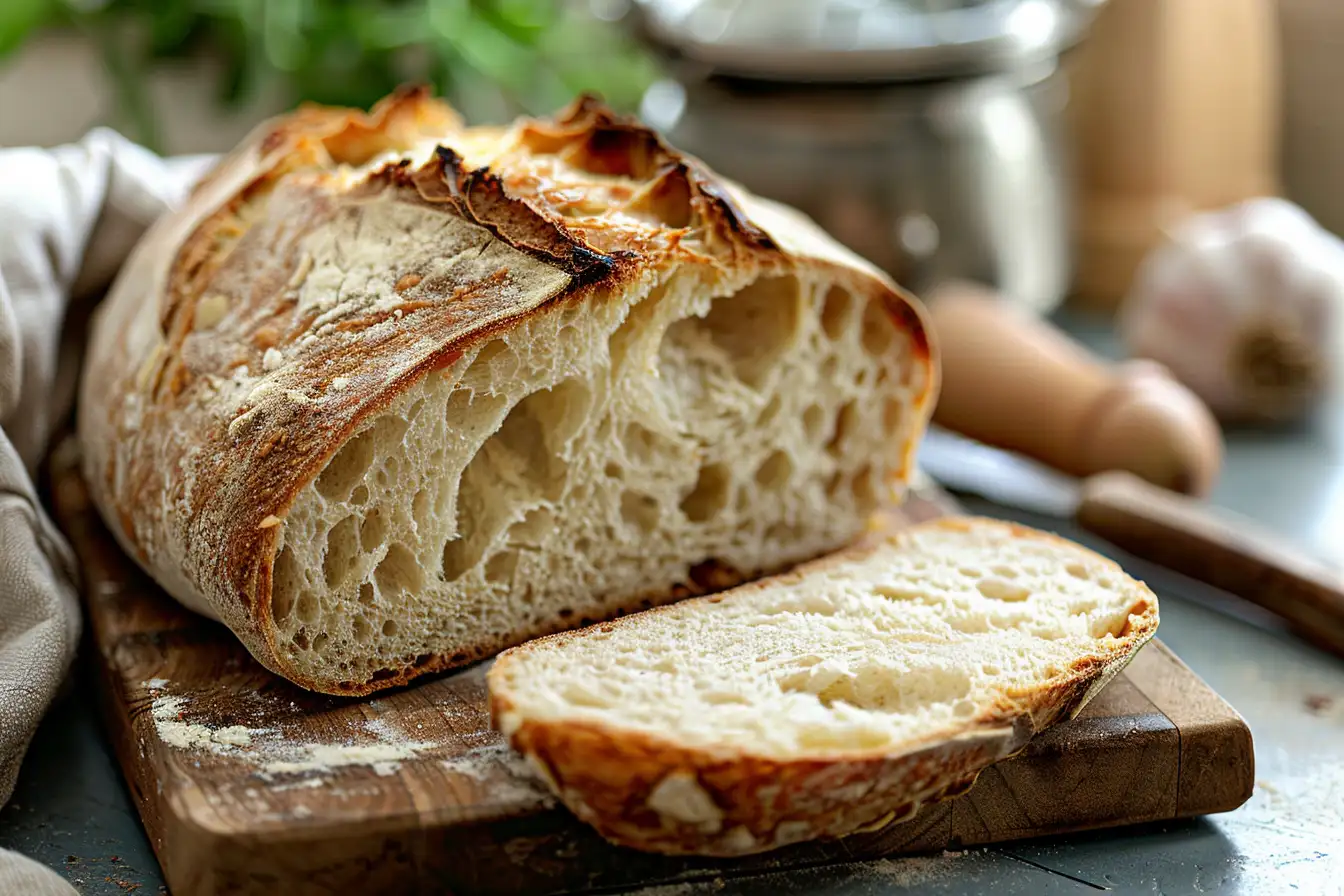 rustic-sourdough-loaf-cut-on-wooden-board Close-up of a rustic sourdough bread loaf sliced open on a wooden board, showing its airy crumb and crisp golden crust in soft natural kitchen light.