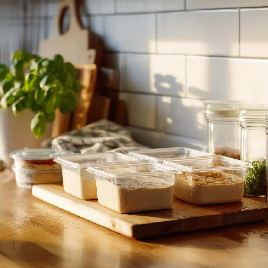 Labeled zip-top freezer bags of sourdough discard stacked flat on a wooden board with warm light and basil bokeh.