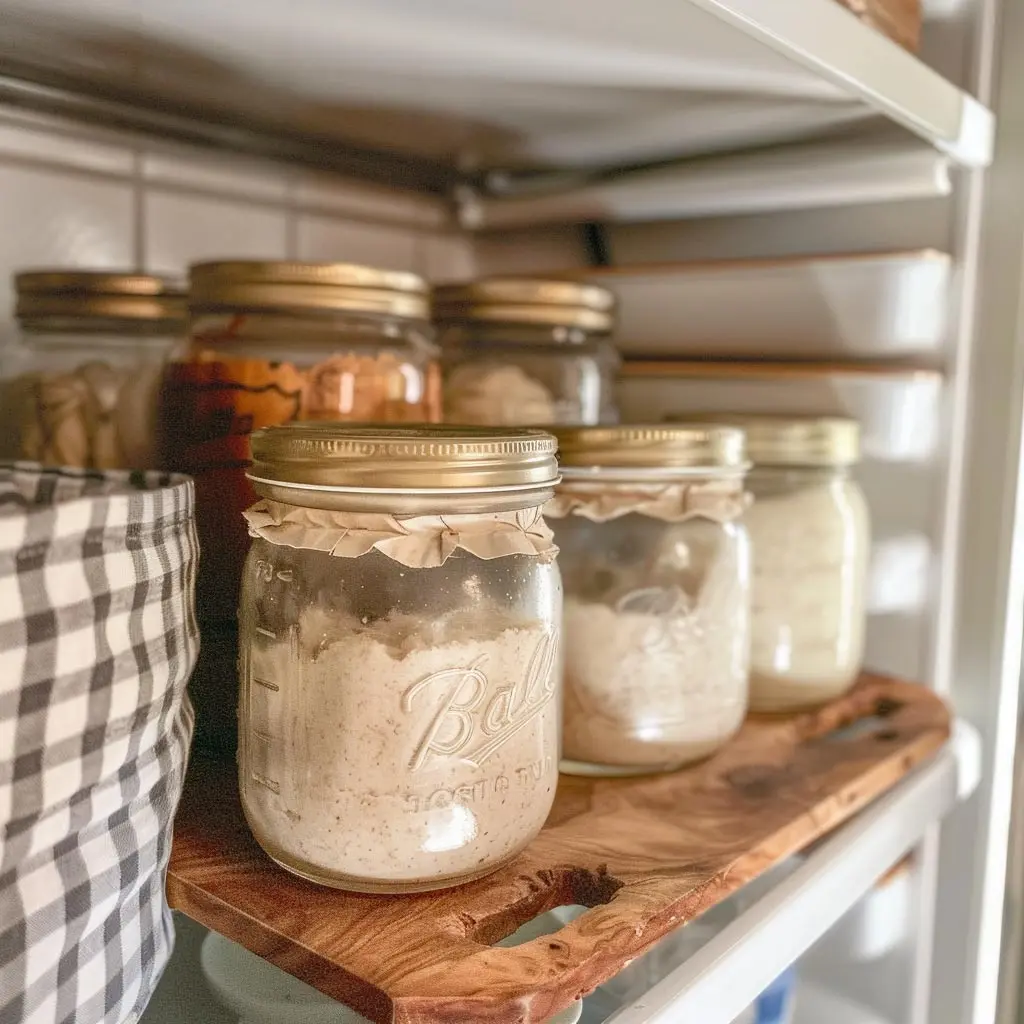 A labeled jar of sourdough discard positioned at the front of a tidy fridge shelf with warm light and subtle gingham blur.